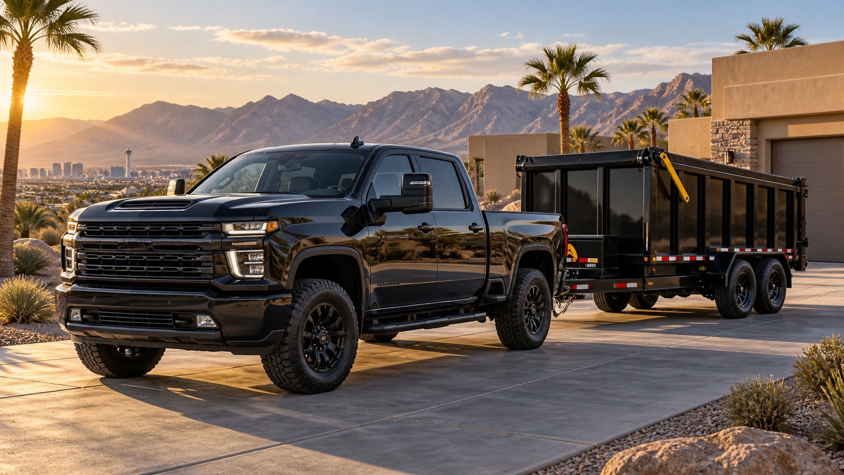 Concept image of a black pickup and dump trailer in a Las Vegas neighborhood
